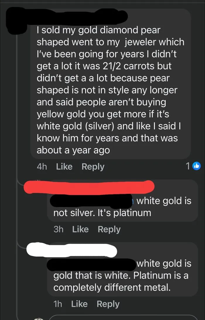 Screenshot of an online group shaming overconfident know-it-alls incorrectly correcting others about white gold and platinum.