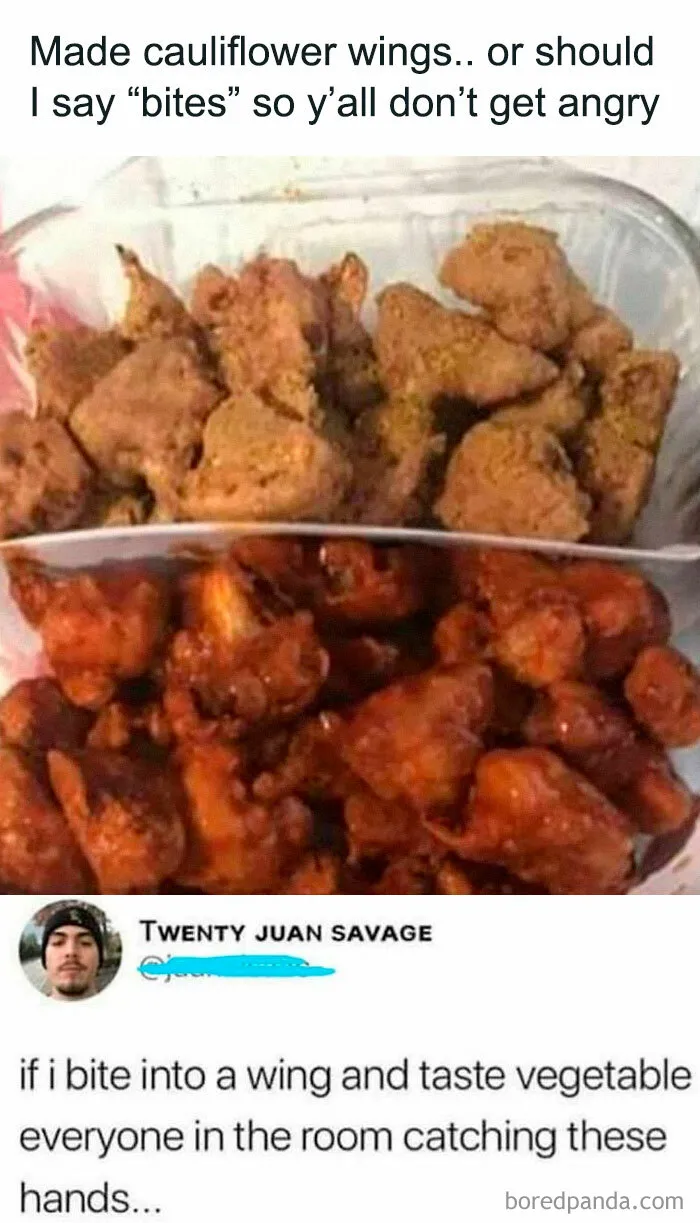 Two containers of cauliflower wings with a funny caption about calling them bites to avoid anger in random memes.