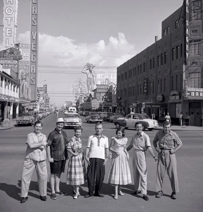 Celebrities Pier Angeli, Red Skelton, Vic Damone, Herb Shriner, Milton Berle, Spike Jones, And Gale Storm Are Photographed On Fremont Street In Las Vegas, Nevada, 1953