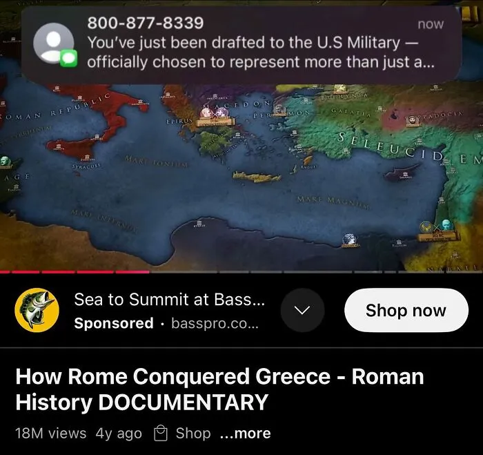Historical map of ancient Roman and Greek territories with a humorous military draft text overlay meme.