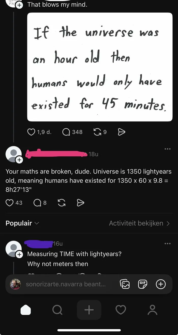 Handwritten note and online comments shaming overconfident know-it-alls who incorrectly correct facts about the universe's age.
