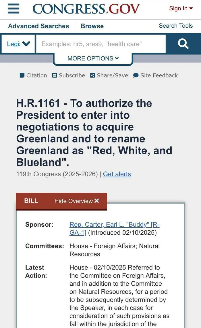 Screenshot of congressional bill authorizing President to negotiate acquiring Greenland, reflecting modern life boring dystopia theme.