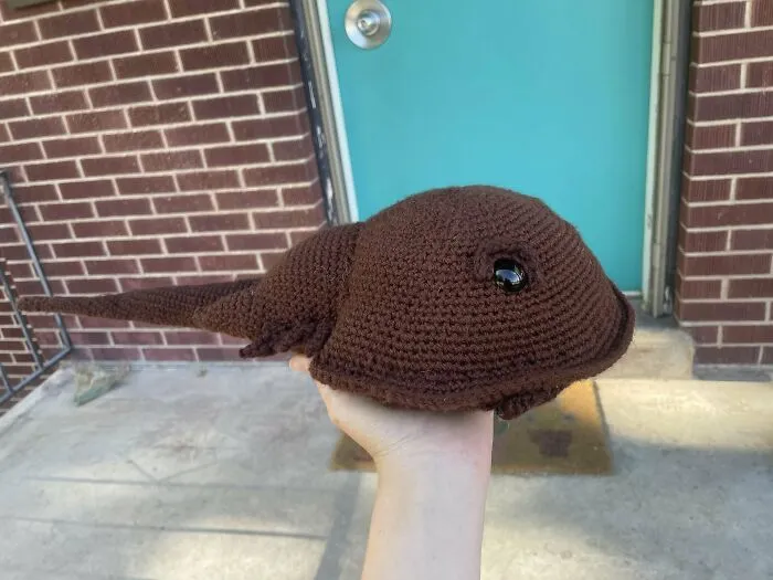 Hand holding a detailed brown crochet tadpole with shiny black eyes in an outdoor setting, showcasing crochet enthusiasts' work.