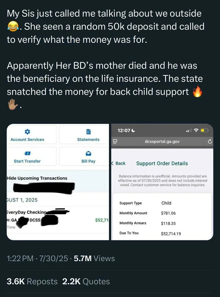 Screenshot of failed attempt where life insurance payout was seized for back child support debt, showing support order details and transaction.