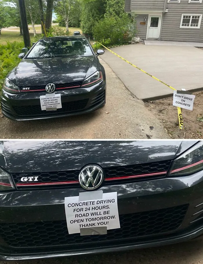 La solución de nuestros vecinos para un camino de entrada recién cementado en una carretera de un solo carril
