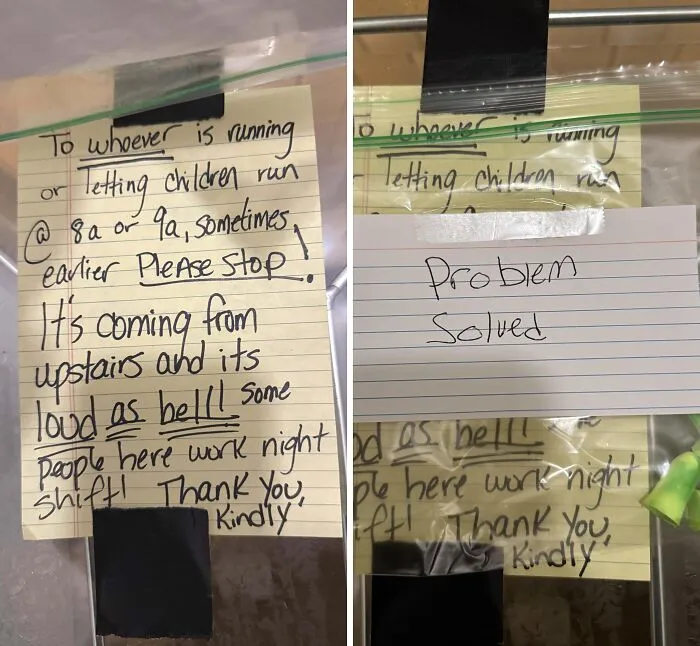 Two handwritten neighbor notes taped on a door addressing noise complaints and resolving the issue quickly.