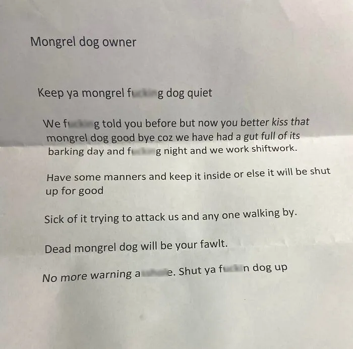 Note from unhinged neighbor demanding to keep their mongrel dog quiet due to barking and disturbance complaints.