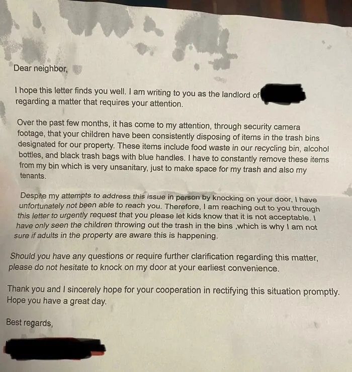 Note from landlord confronting neighbors about children improperly disposing of trash, showcasing unhinged neighbor interactions.