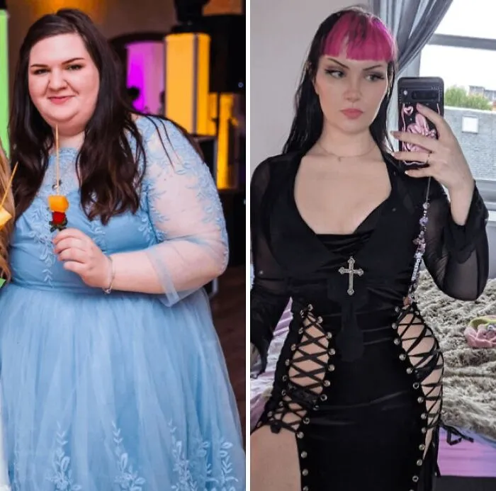 Antes y después de mujer irreconocible tras cirugía plástica, cambio radical en estilo y apariencia corporal.