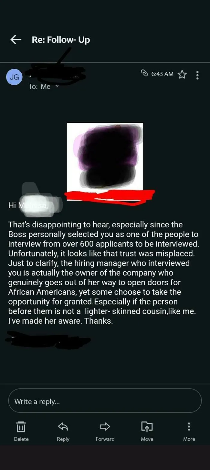 Email screenshot showing outrageous job requirements and racial bias concerns in the hiring process.