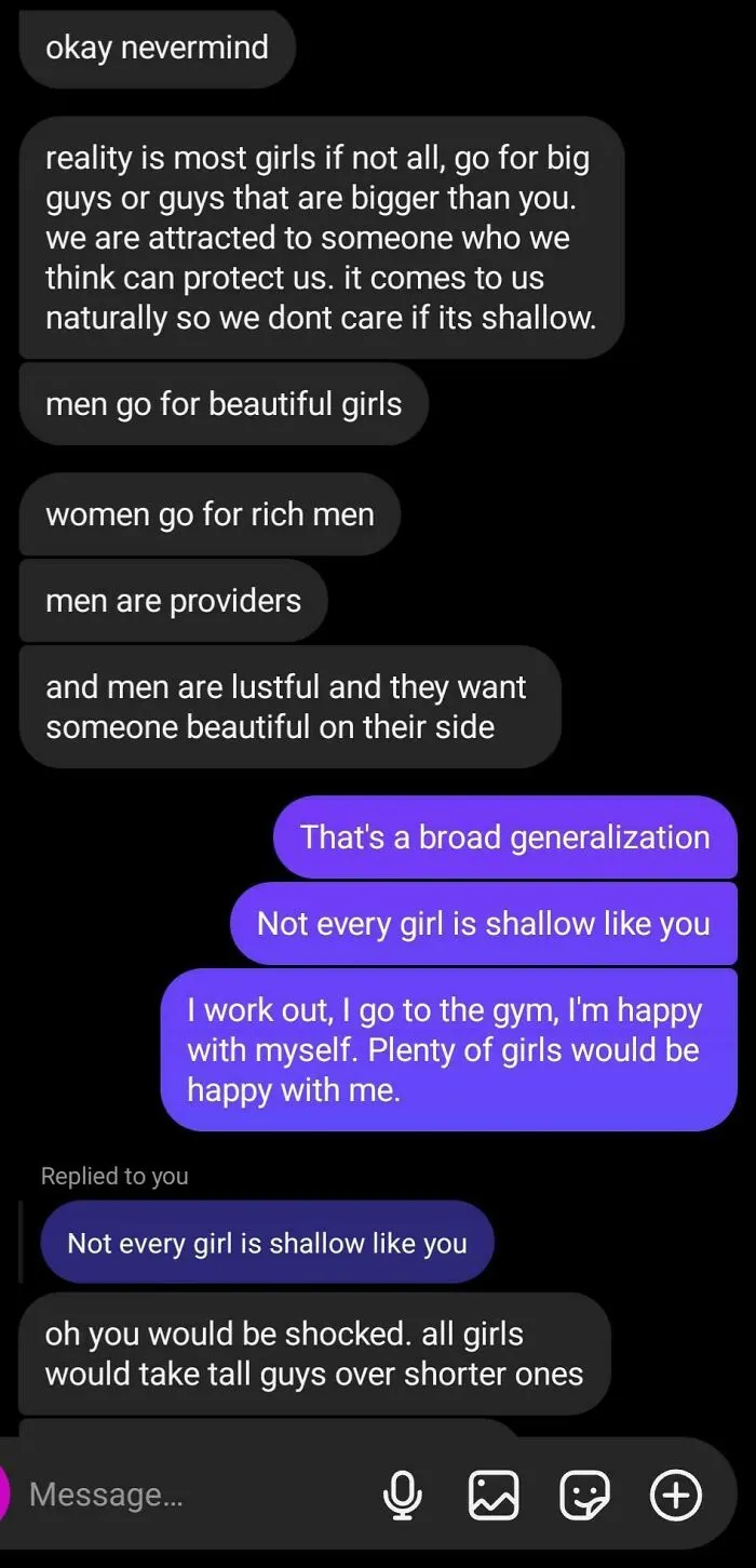 Text message exchange showing a heated argument between two women about shallow dating preferences and attraction.
