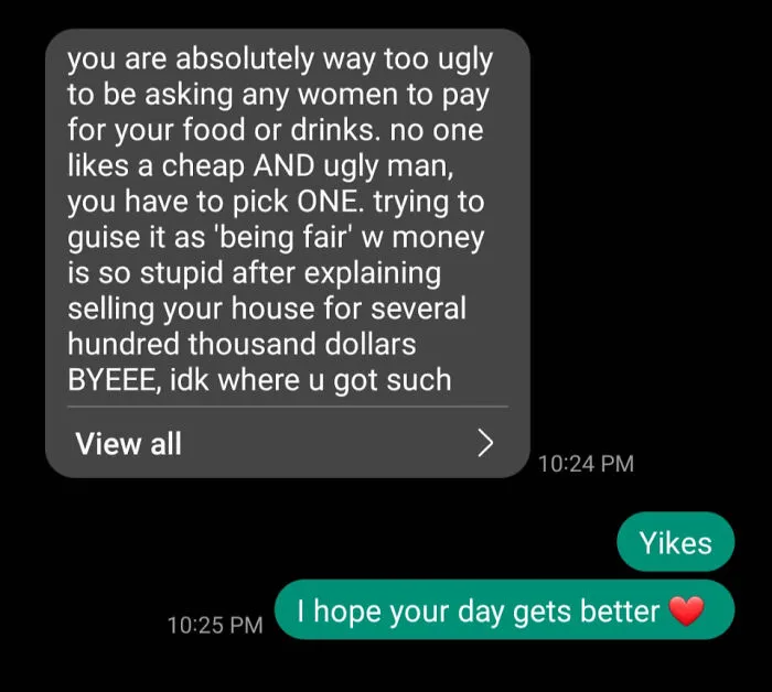 Text message screenshot showing a woman being called out online for delusional and crazy behavior with harsh insults.