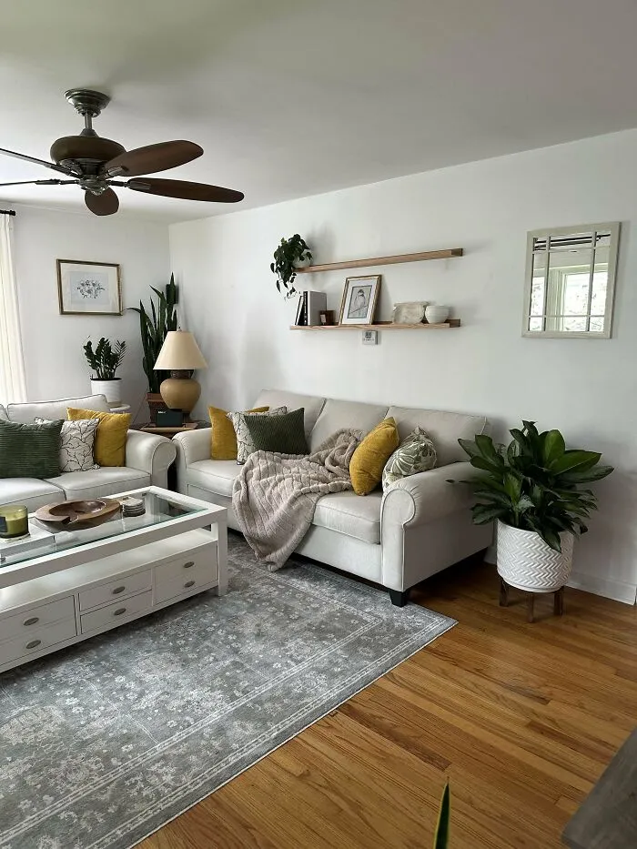 Cozy living room with neutral sofas, green and yellow pillows, plants, and modern home decoration ideas shared online.
