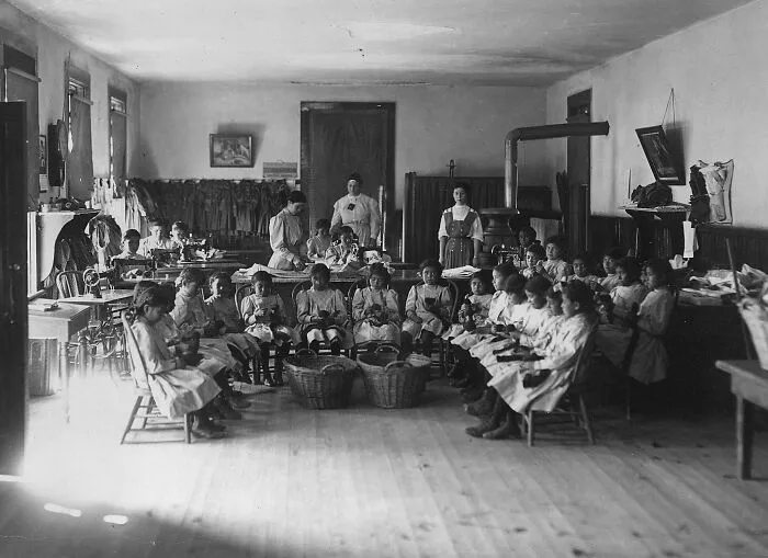 Young School Grirls Attending Sewing Class At Albuquerque Indian School