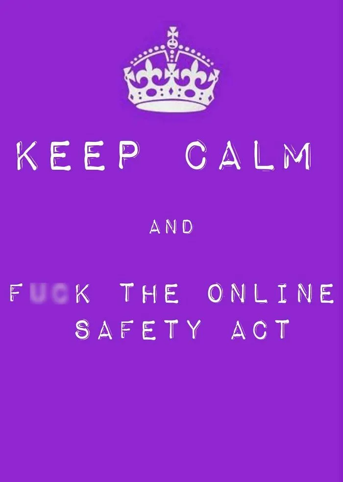Purple British meme with a crown graphic and bold text referencing chaotic British memes about the online Safety Act.