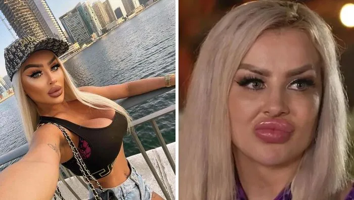 Mujer rubia con maquillaje y labios exagerados, mostrando contraste que refleja momentazos de Instagram colapsando la realidad.