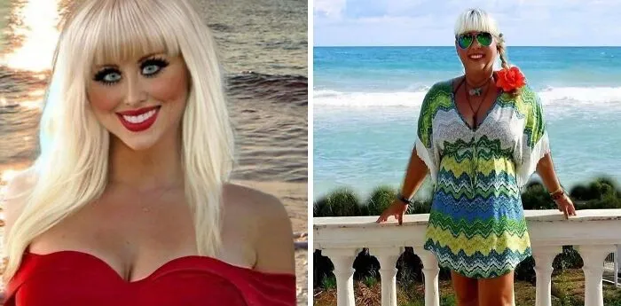 Mujer con vestido rojo y mujer con vestido veraniego frente al mar mostrando momentos de Instagram colapsado ante la realidad.