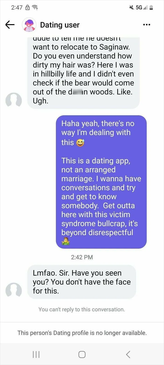 Screenshot of a toxic conversation between dating app users illustrating nice girls and nice guys behavior.