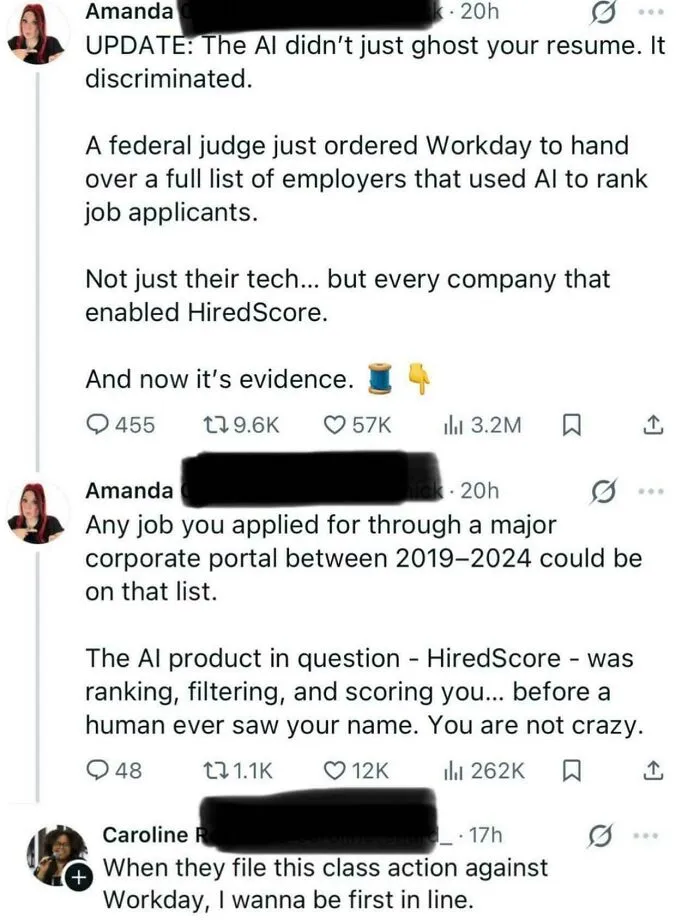Social media posts discussing AI discrimination and job applicant ranking related to outrageous job requirements.