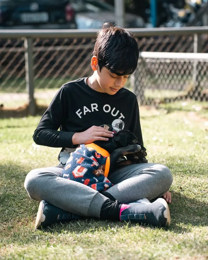 Boy sitting on grass gently petting a shelter dog wrapped in a blanket, capturing the joy of shelter dogs on walks.