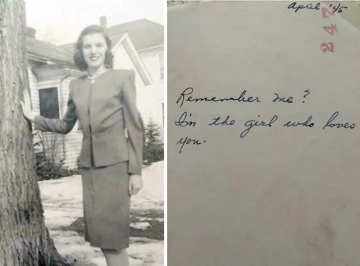 Una foto/mensaje que mi abuela le envió a mi abuelo mientras estaba en el extranjero en la Segunda Guerra Mundial. Estuvo destinado en un barco en Filipinas y conservó esto todo el tiempo. Lo conservó hasta su muerte hace unos años.