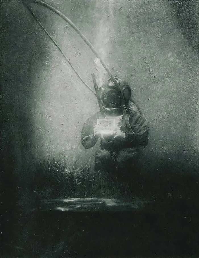 Emil Racovitza As A Diver At The Banyuls-Sur-Mer Oceanographic Observatory. The Upside-Down Sign The Man Is Holding Says "Underwater Photography.", 1899