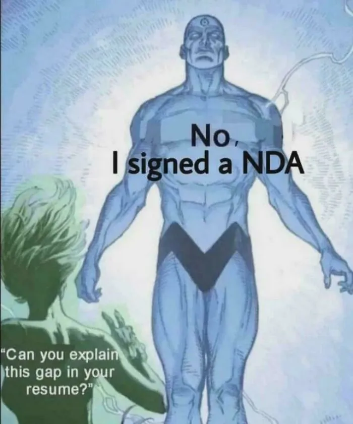 Comic scene showing a muscular superhero figure saying I signed a NDA, referencing outrageous job requirements and resume gaps.