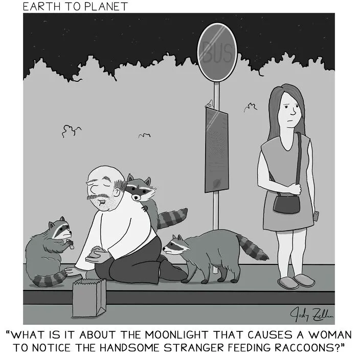 Funny Earth to Planet comic showing a man feeding raccoons at a bus stop while a woman watches in moonlight.