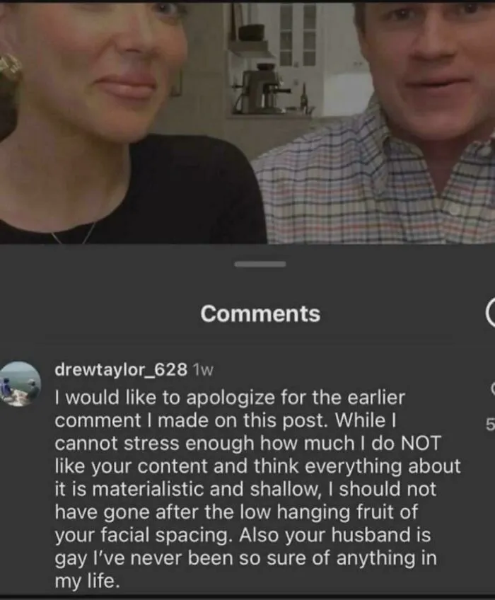 Two people in a funny failed attempt moment with an awkward social media apology comment displayed below.