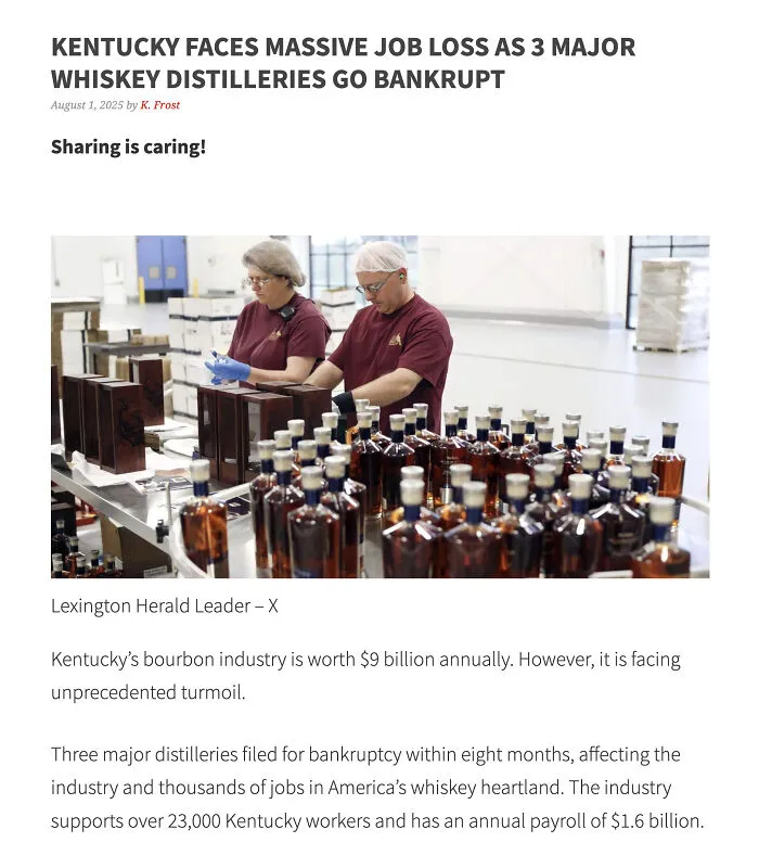 Workers packaging whiskey bottles at a distillery, illustrating a failed attempt in the whiskey industry bankruptcy crisis.