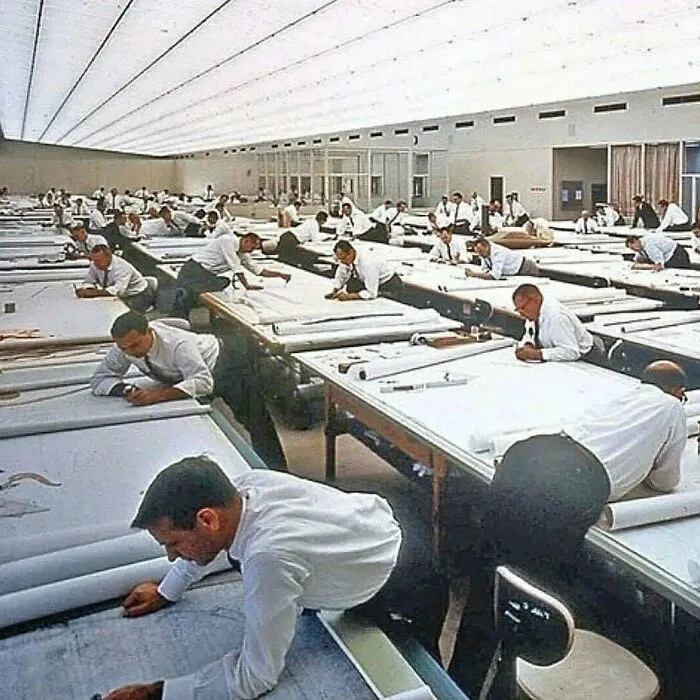 Large group of men working on blueprints in a spacious room, showcasing interesting collaboration from an online community post.