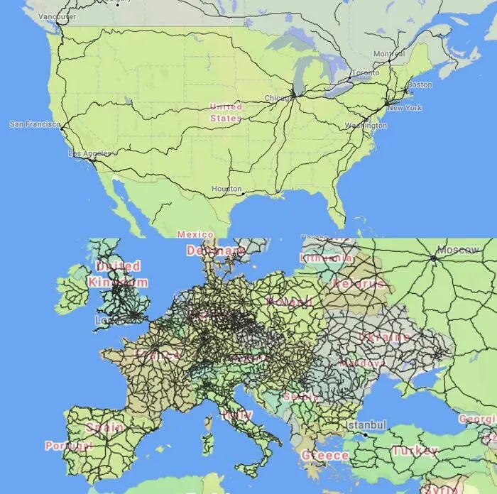 Map showing major highways and cities across the United States and Europe from a Damn That’s Interesting online community post.