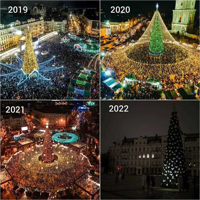 Crowds around large illuminated Christmas tree displays from 2019 to 2022 showing changes in a popular online community post.