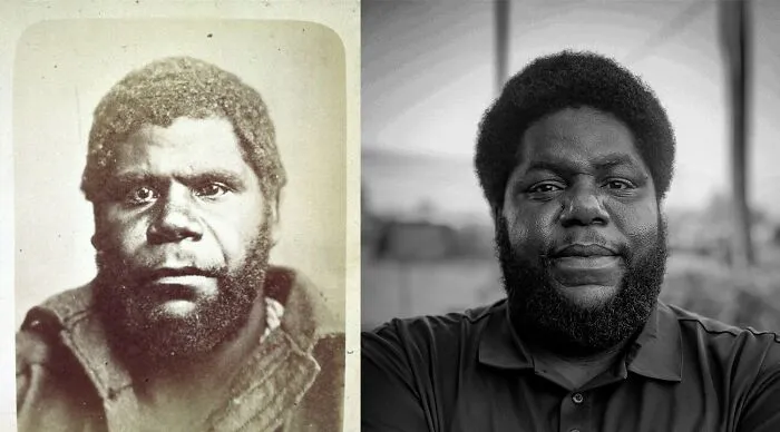 Mi antepasado, King Billy (izquierda), conocido por ser el último hombre aborigen de pura sangre en la colonia de Tasmania. Yo (derecha), nacido en Estados Unidos 150 años después.