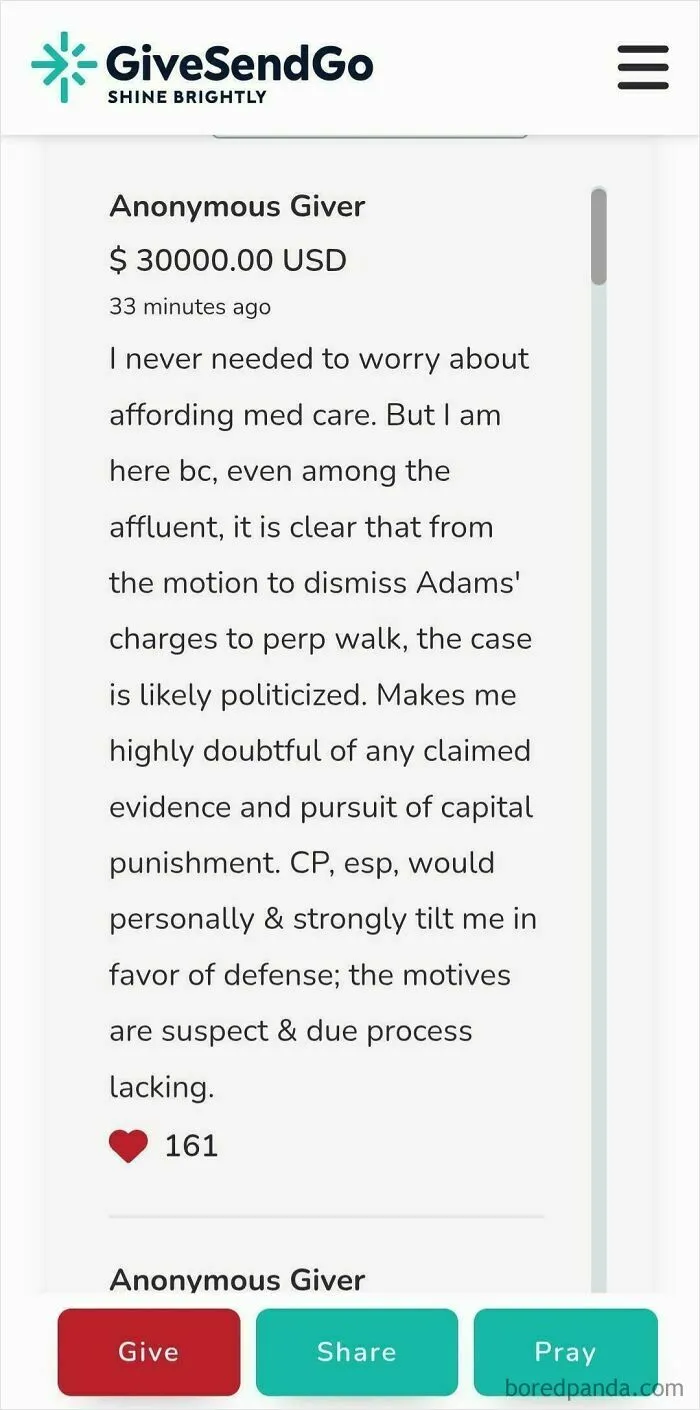 Donation message on GiveSendGo from an anonymous giver, reflecting morally grey acts in the chaotic good online group.