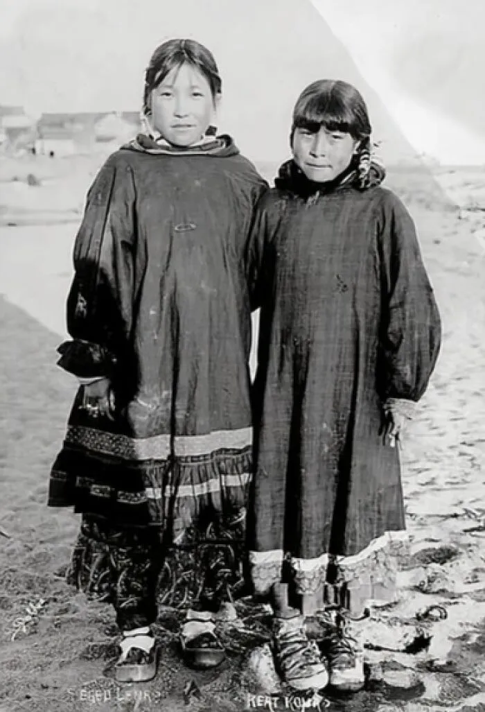 Inuit Girls Named Eged Lena And Keat Kona, Wearing Cotton Dresses On Beach At Nome, Alaska