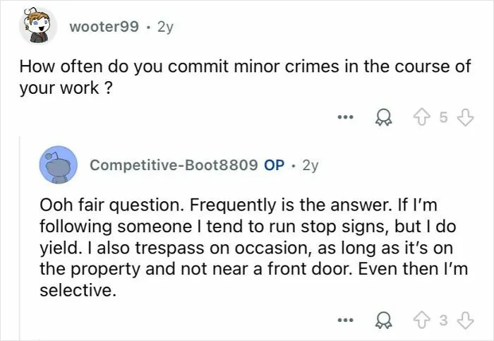 Reddit conversation showing a private investigator answering questions about their work and minor crimes committed.