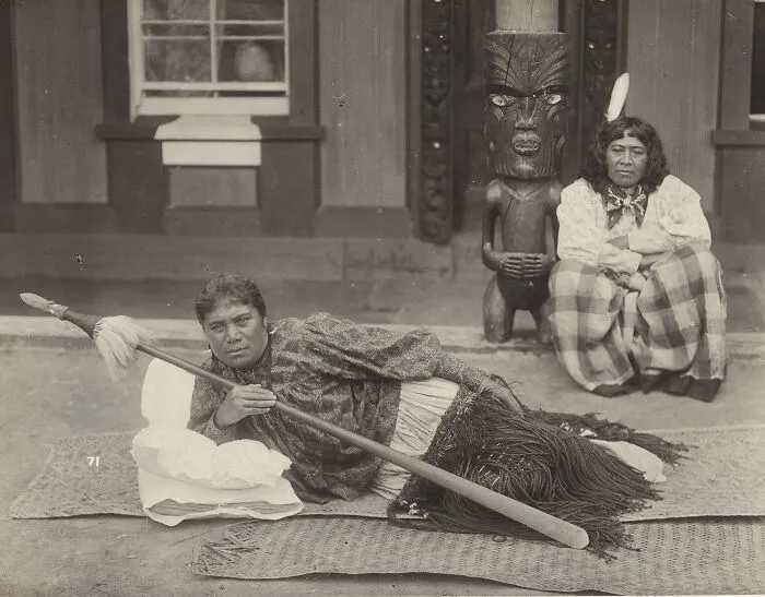 Two Māori Women Outside Huriwhenua Meeting House, Ranana