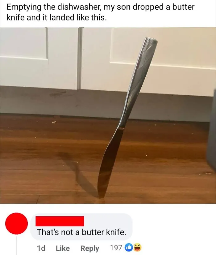 Butter knife standing upright on floor, shared in an online group shaming overconfident know-it-alls correcting others incorrectly.