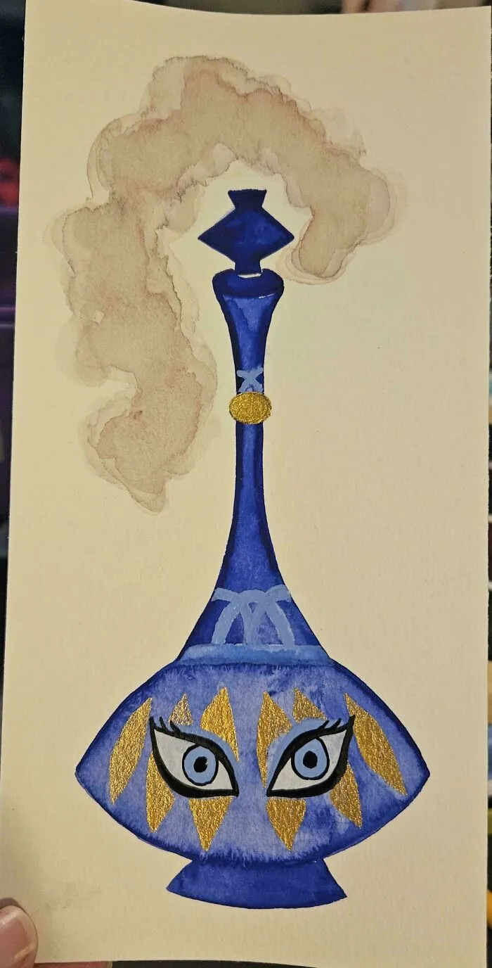 Watercolor painting of a blue decorative bottle with gold accents and smoke, evoking nostalgic feelings in old age.