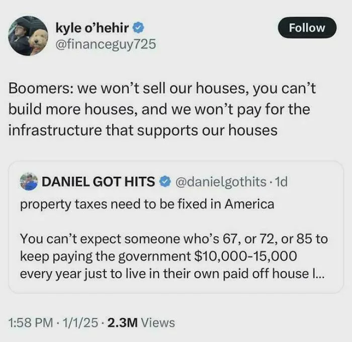 Screenshot of tweets discussing property taxes, housing issues, and consumerism impact on American homeowners and infrastructure.