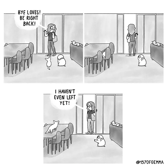 Comic strip showing an artist saying goodbye to her cute pug who insists she hasn’t left yet in a funny moment.