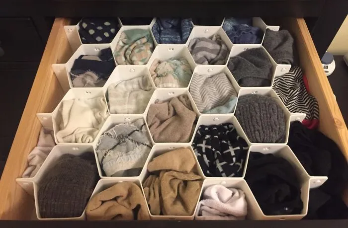 Your Sock Drawer, Currently A Lawless Pit Of Chaos Where Single Socks Go To Mourn Their Lost Partners, Can Finally Find Some Zen With A <a Style="Display:inline;" Href="Https://Www.amazon.com/Whitmor-6025-3928-Honeycomb-Drawer-Organizer/Dp/B00ca26hgw?ie=utf8&th=1&linkcode=ll1&tag=bpgazelle-20&linkid=b26b5b54b020d42cd0b10f7ff2c5b070&language=en_us&ref_=as_li_ss_tl" Target="_blank"> <span Style="Font: Inherit; Color: #d74b1f;"> Honeycomb Drawer Organizer </Span>