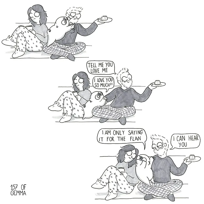 Comic strip showing an artist, her pug, and a man sharing funny, adorable moments in daily life with the cute pug.