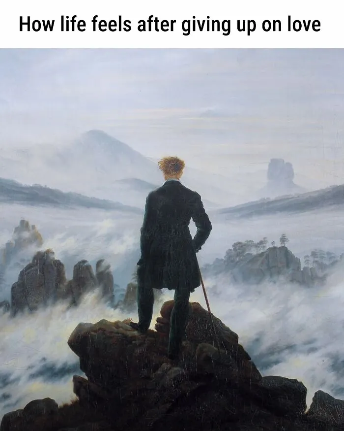 Romantic figure standing on rocky cliff overlooking misty landscape, classic painting perfect for memes from Art Memes Central.