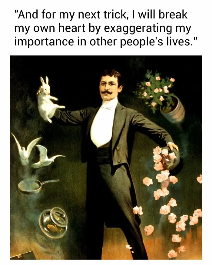 Vintage painting of a magician performing a trick with rabbits and flowers, perfect for memes from art collections.