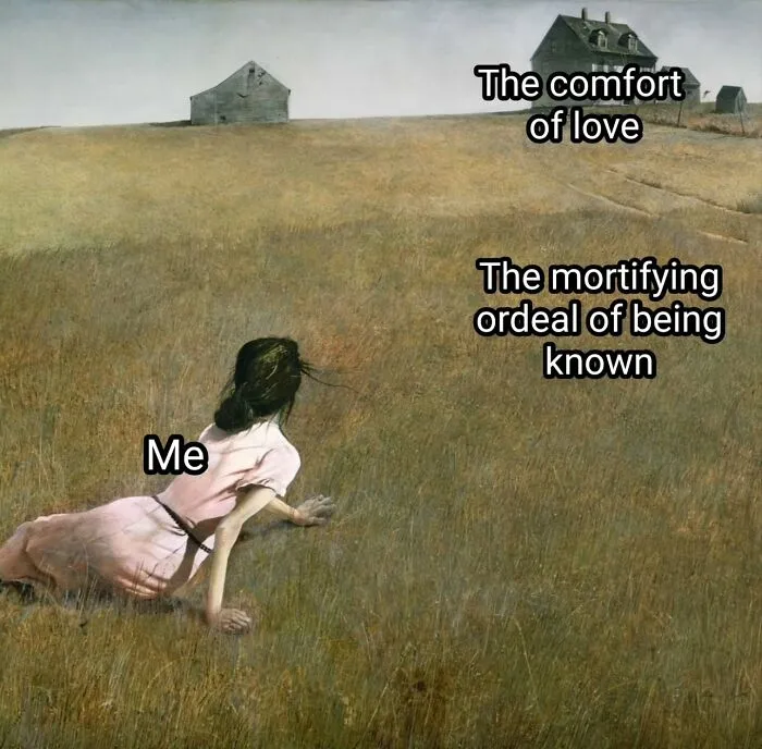 Woman in a field crawling toward a distant house, meme painting illustrating the mortifying ordeal of being known.
