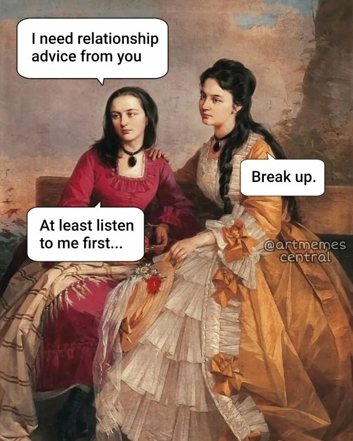 Two women in vintage dresses have a humorous meme conversation, illustrating paintings perfect for memes from Art Memes Central.
