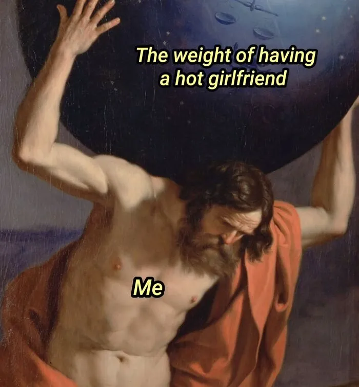 Classical painting turned meme showing a man carrying the weight of a globe, illustrating memes perfectly suited for art.