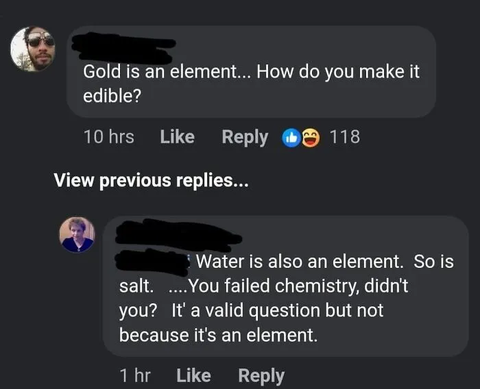Screenshot of an online group shaming overconfident know-it-alls who incorrectly correct others about elements.